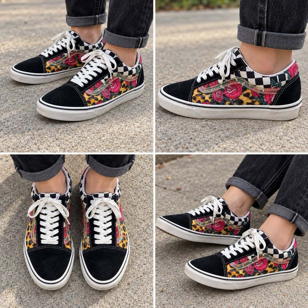Vans Old Skool Rose Animal Check Shoes Mens 9.5 Womens 11 Leopard Floral
